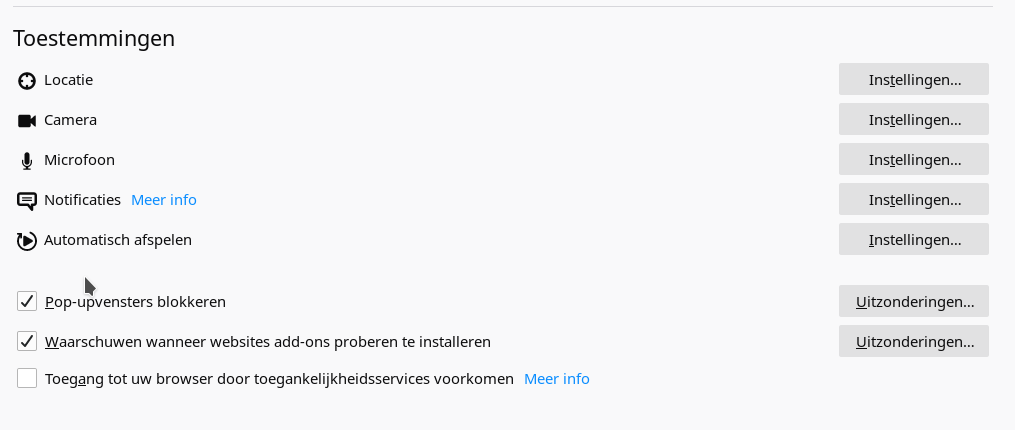 Firefox Instellingen; Toestemmingen
